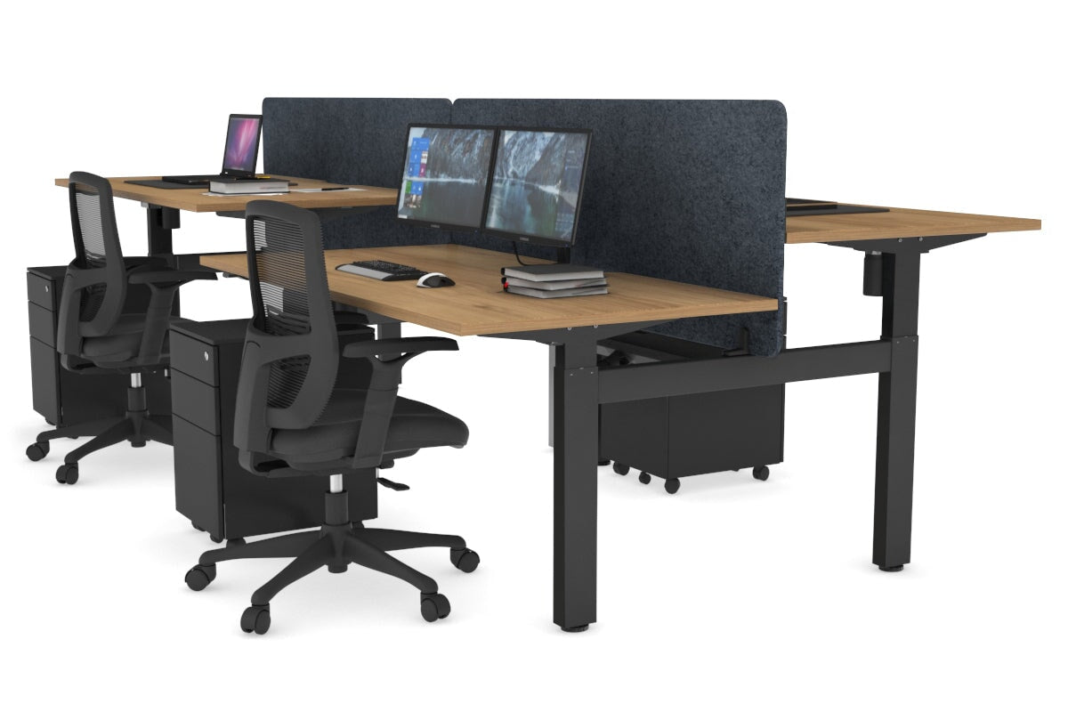 Just Right Height Adjustable 4 Person H-Bench Workstation - Black Frame [1400L x 800W] Jasonl salvage oak dark grey echo panel (820H x 1400W) black cable tray