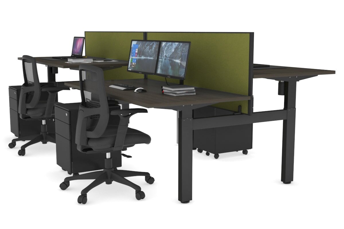 Just Right Height Adjustable 4 Person H-Bench Workstation - Black Frame [1400L x 800W] Jasonl dark oak green moss (820H x 1400W) none