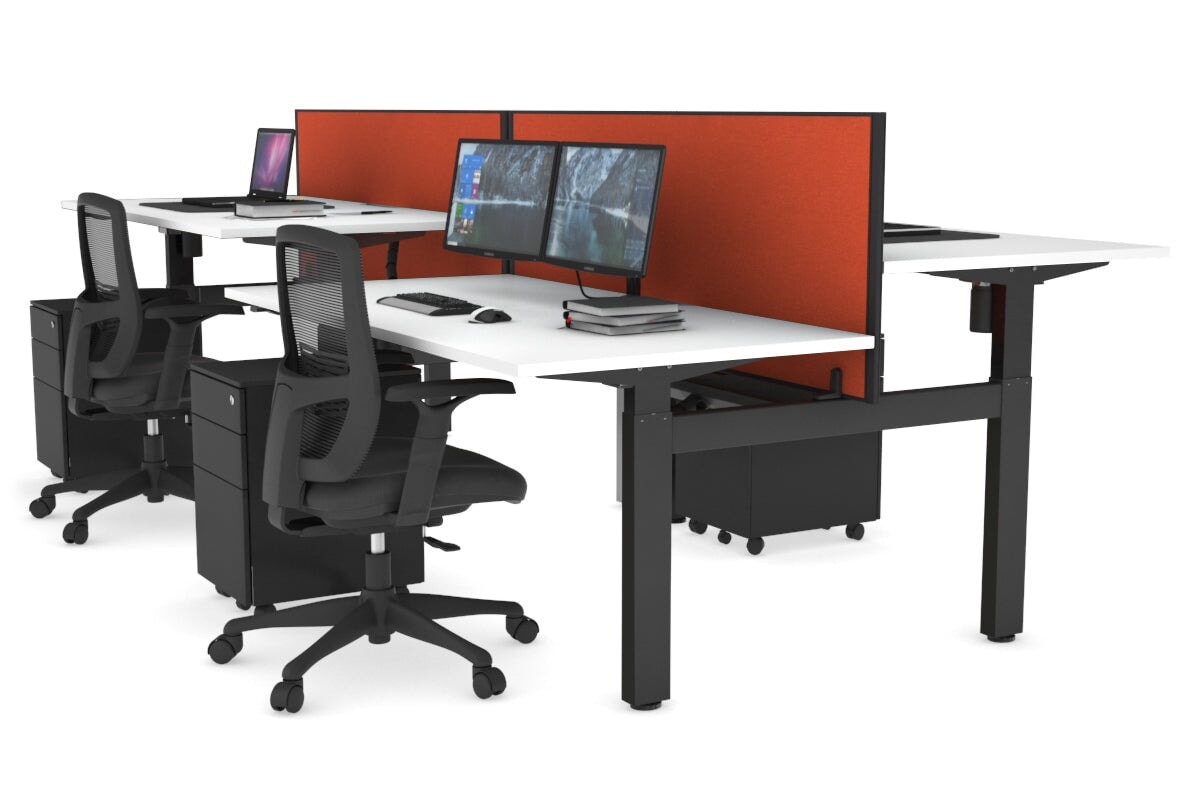 Just Right Height Adjustable 4 Person H-Bench Workstation - Black Frame [1400L x 800W] Jasonl white cool grey (820H x 1400W) black cable tray