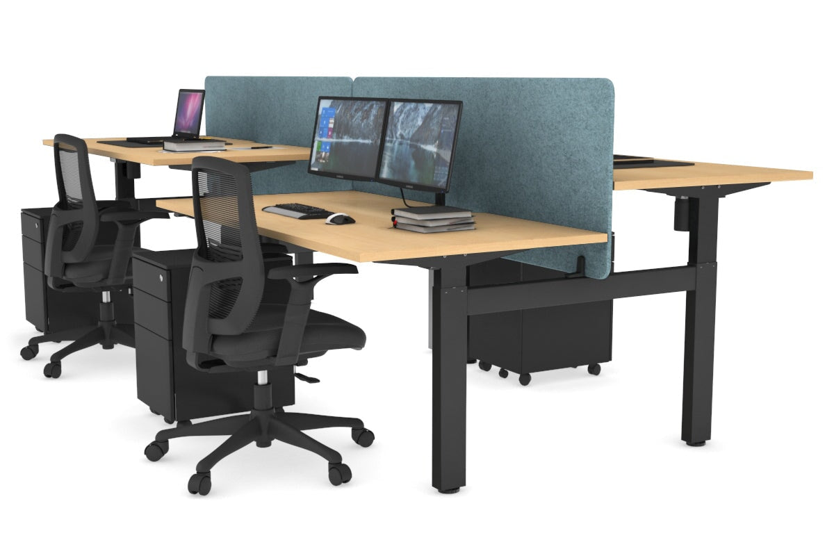 Just Right Height Adjustable 4 Person H-Bench Workstation - Black Frame [1400L x 800W] Jasonl maple blue echo panel (820H x 1400W) none