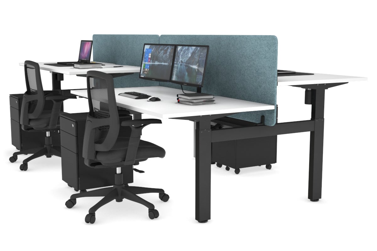 Just Right Height Adjustable 4 Person H-Bench Workstation - Black Frame [1400L x 800W] Jasonl white blue echo panel (820H x 1400W) black cable tray