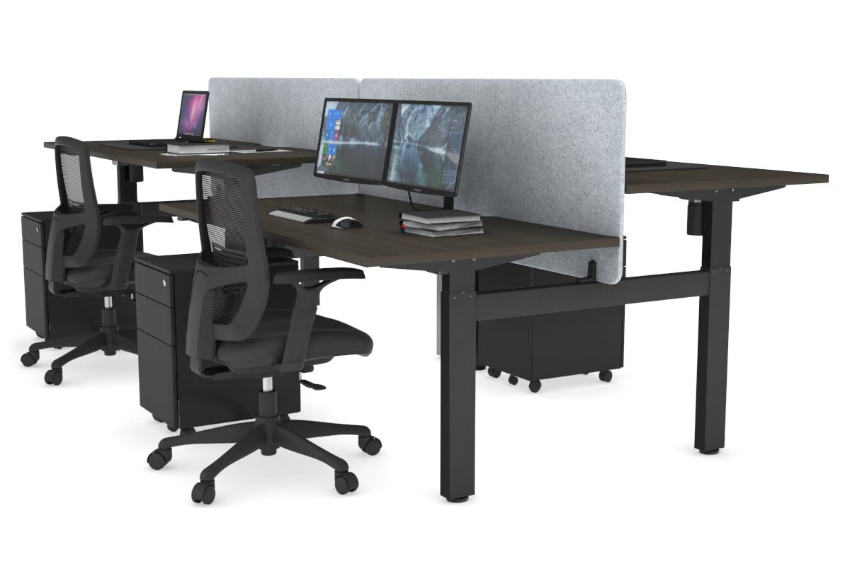 Just Right Height Adjustable 4 Person H-Bench Workstation - Black Frame [1400L x 800W] Jasonl dark oak light grey echo panel (820H x 1400W) none