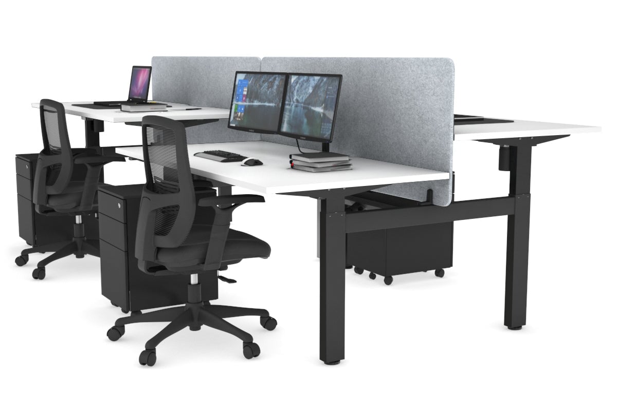 Just Right Height Adjustable 4 Person H-Bench Workstation - Black Frame [1400L x 800W] Jasonl white light grey echo panel (820H x 1400W) black cable tray