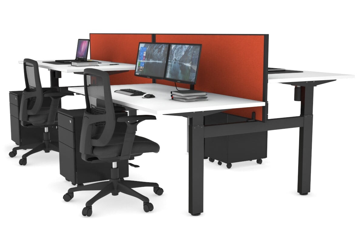 Just Right Height Adjustable 4 Person H-Bench Workstation - Black Frame [1400L x 800W] Jasonl white squash orange (820H x 1400W) none