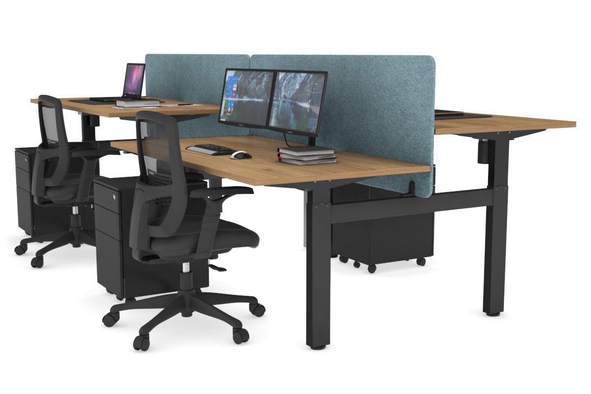 Just Right Height Adjustable 4 Person H-Bench Workstation - Black Frame [1400L x 800W] Jasonl salvage oak blue echo panel (820H x 1400W) none