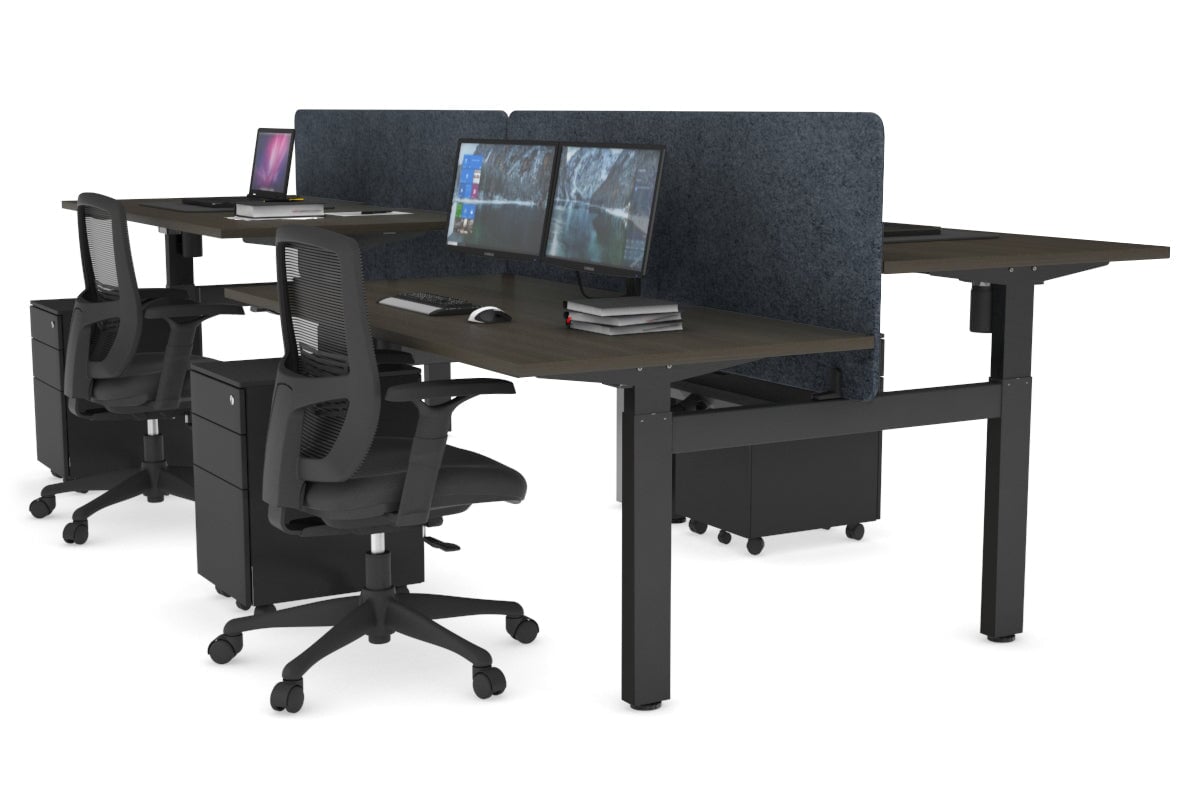 Just Right Height Adjustable 4 Person H-Bench Workstation - Black Frame [1400L x 800W] Jasonl dark oak dark grey echo panel (820H x 1400W) black cable tray