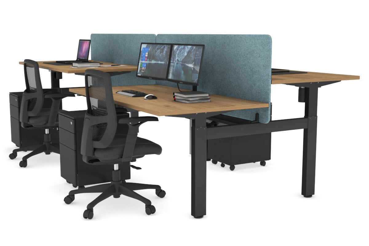 Just Right Height Adjustable 4 Person H-Bench Workstation - Black Frame [1400L x 800W] Jasonl salvage oak blue echo panel (820H x 1400W) black cable tray