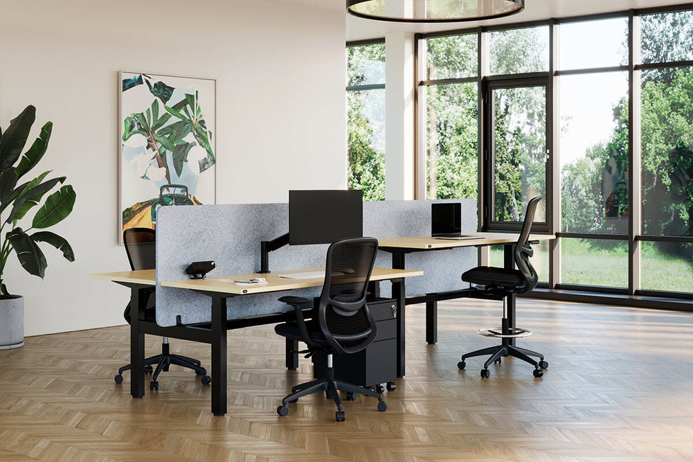 Just Right Height Adjustable 4 Person H-Bench Workstation - Black Frame [1600L x 700W]-dark oak moody charcoal (820H x 1600W) black cable tray