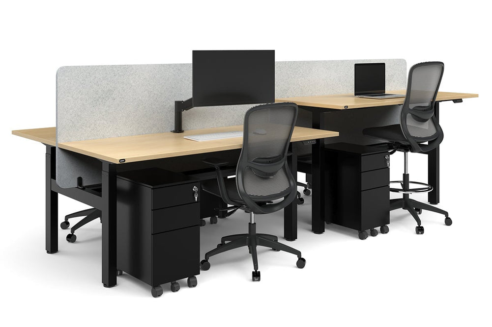 Just Right Height Adjustable 4 Person H-Bench Workstation - Black Frame [1600L x 700W]-dark oak moody charcoal (820H x 1600W) black cable tray