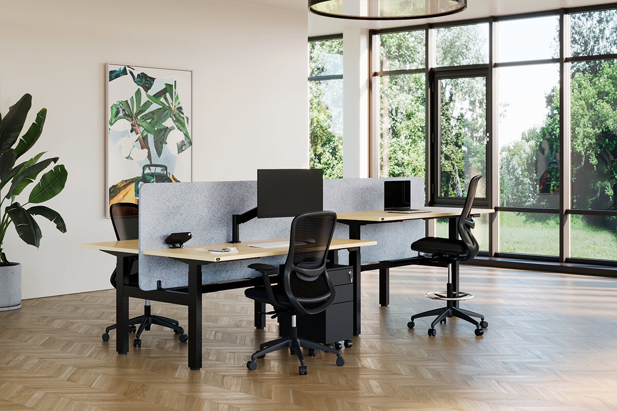 Just Right Height Adjustable 4 Person H-Bench Workstation - Black Frame [1800L x 700W]-dark oak moody charcoal (820H x 1800W) black cable tray