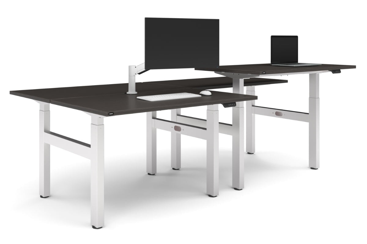 Just Right Height Adjustable 4 Person H-Bench Workstation - White Frame [1200L x 700W]-dark oak none none