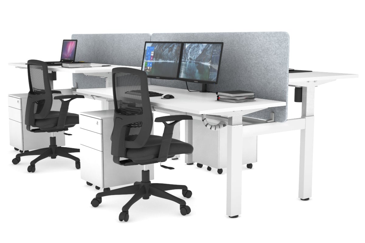 Just Right Height Adjustable 4 Person H-Bench Workstation - White Frame [1400L x 700W]-white light grey echo panel (820H x 1400W) white cable tray