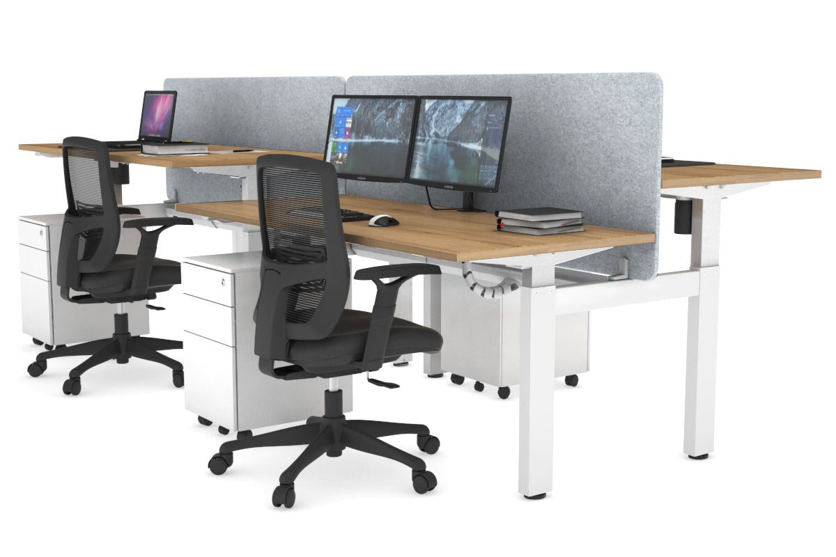 Just Right Height Adjustable 4 Person H-Bench Workstation - White Frame [1400L x 700W]-salvage oak light grey echo panel (820H x 1400W) white cable tray