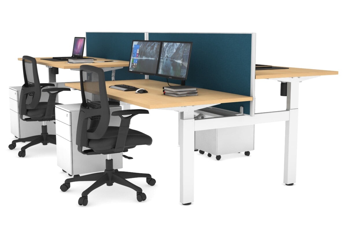 Just Right Height Adjustable 4 Person H-Bench Workstation - White Frame [1400L x 800W] Jasonl maple deep blue (820H x 1400W) white cable tray