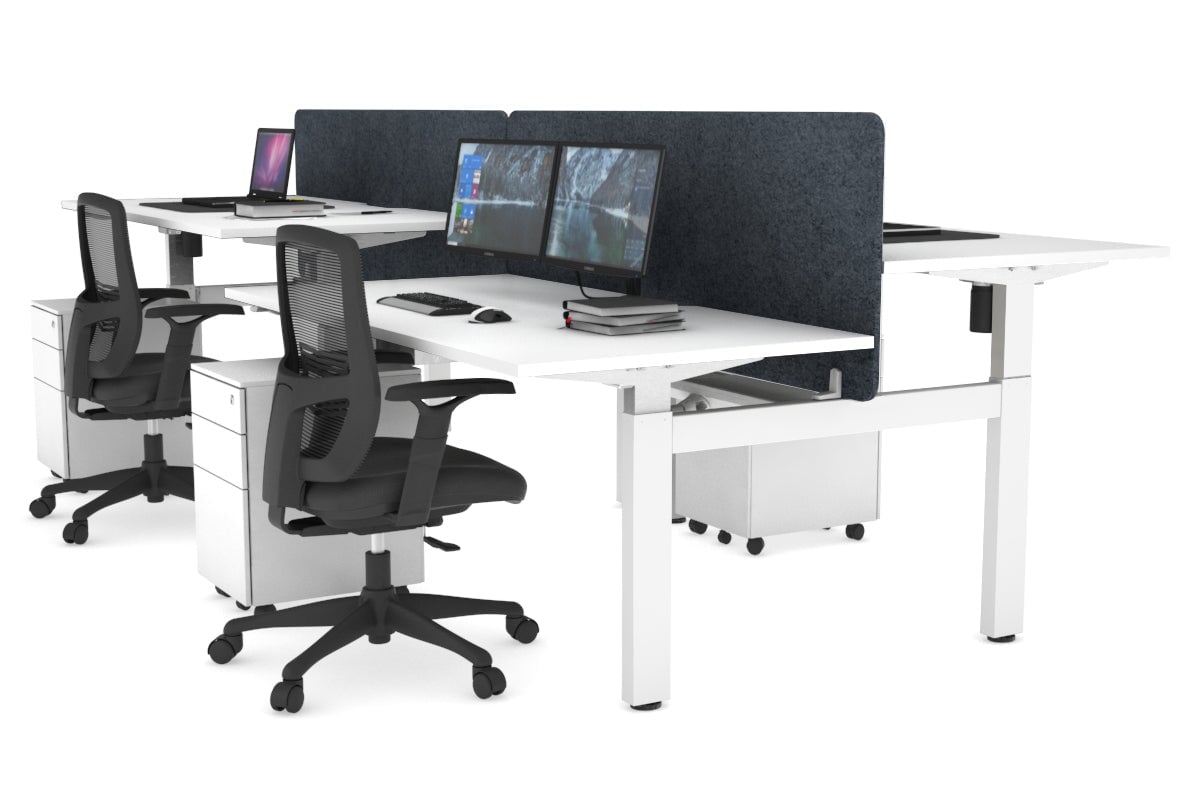 Just Right Height Adjustable 4 Person H-Bench Workstation - White Frame [1400L x 800W] Jasonl white dark grey echo panel (820H x 1400W) white cable tray