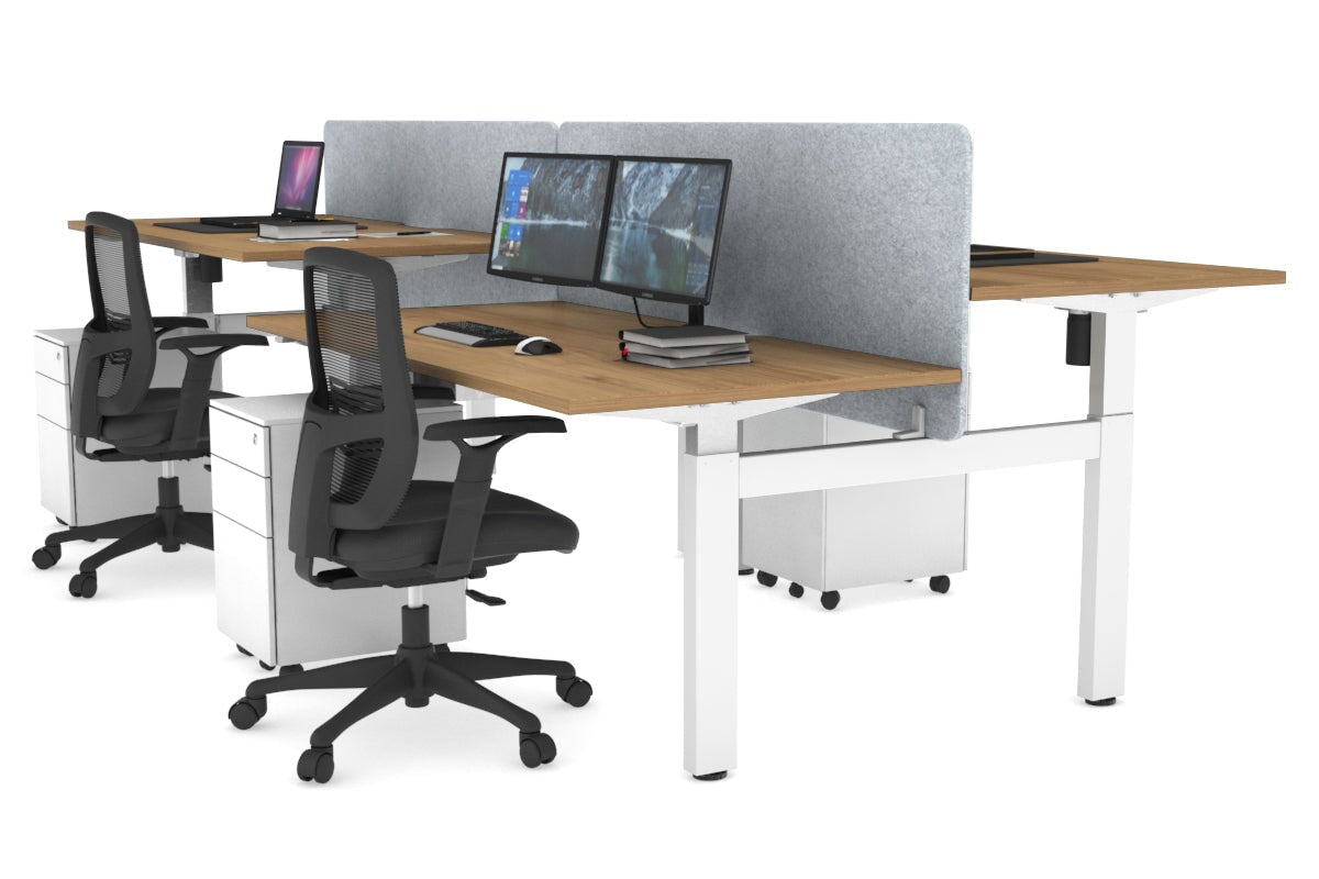 Just Right Height Adjustable 4 Person H-Bench Workstation - White Frame [1400L x 800W] Jasonl salvage oak light grey echo panel (820H x 1400W) none