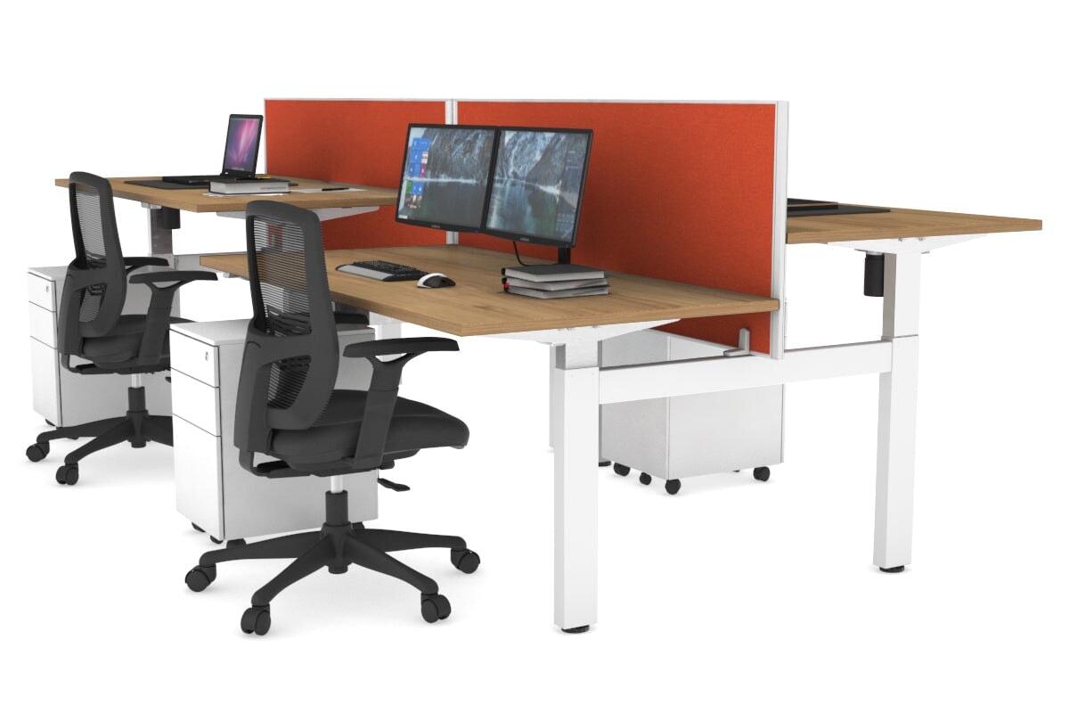 Just Right Height Adjustable 4 Person H-Bench Workstation - White Frame [1400L x 800W] Jasonl salvage oak squash orange (820H x 1400W) none
