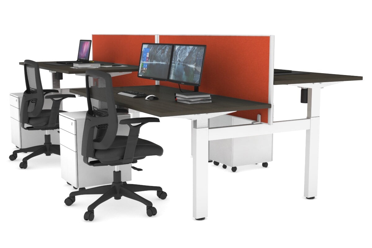 Just Right Height Adjustable 4 Person H-Bench Workstation - White Frame [1400L x 800W] Jasonl dark oak squash orange (820H x 1400W) none