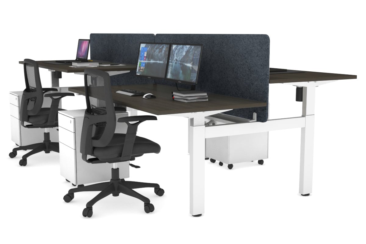 Just Right Height Adjustable 4 Person H-Bench Workstation - White Frame [1400L x 800W] Jasonl dark oak dark grey echo panel (820H x 1400W) white cable tray