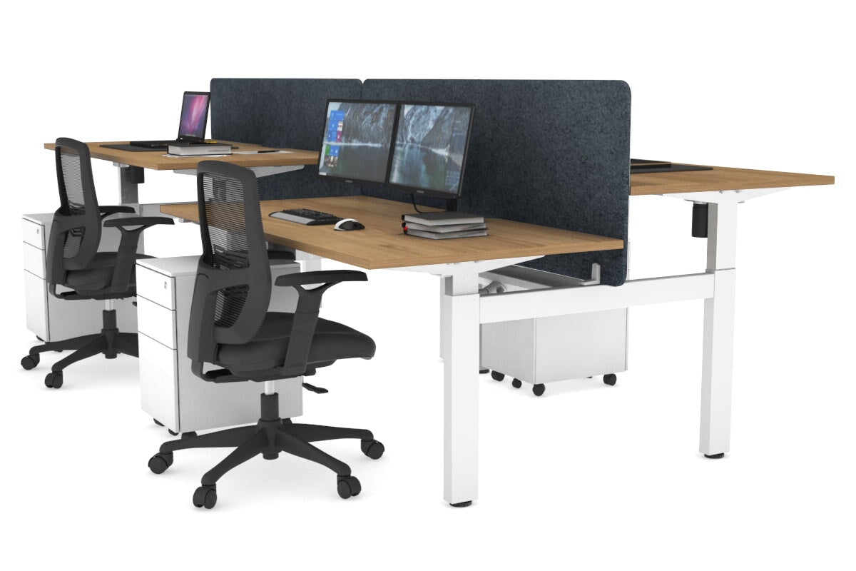 Just Right Height Adjustable 4 Person H-Bench Workstation - White Frame [1400L x 800W] Jasonl salvage oak dark grey echo panel (820H x 1400W) white cable tray