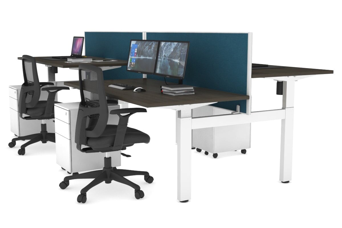 Just Right Height Adjustable 4 Person H-Bench Workstation - White Frame [1400L x 800W] Jasonl dark oak deep blue (820H x 1400W) none