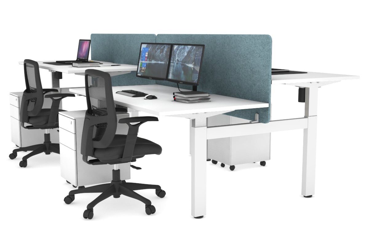 Just Right Height Adjustable 4 Person H-Bench Workstation - White Frame [1400L x 800W] Jasonl white blue echo panel (820H x 1400W) none