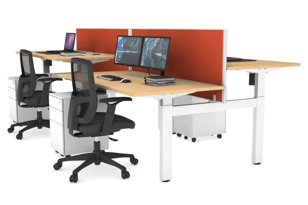 Just Right Height Adjustable 4 Person H-Bench Workstation - White Frame [1400L x 800W] Jasonl maple squash orange (820H x 1400W) none