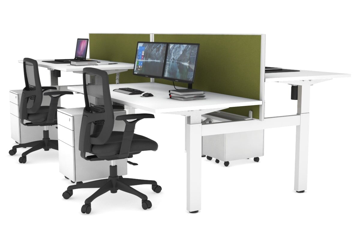 Just Right Height Adjustable 4 Person H-Bench Workstation - White Frame [1400L x 800W] Jasonl white green moss (820H x 1400W) white cable tray