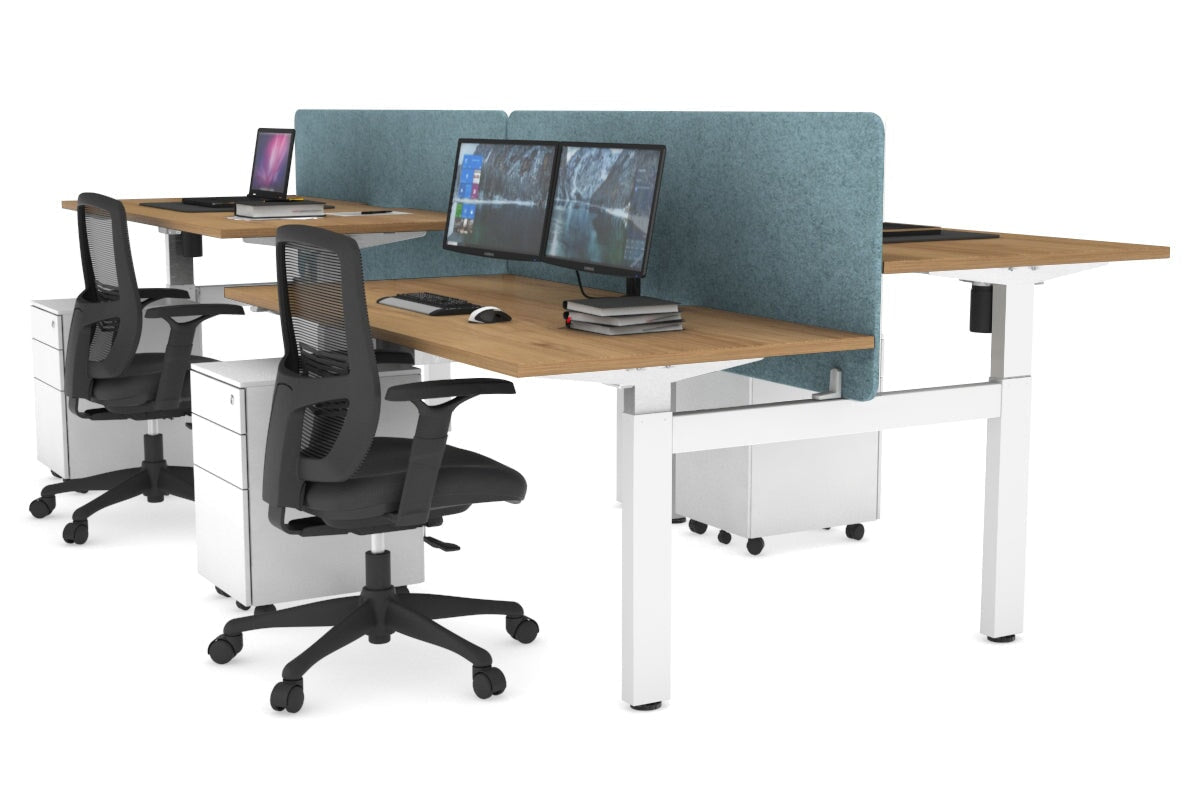 Just Right Height Adjustable 4 Person H-Bench Workstation - White Frame [1400L x 800W] Jasonl salvage oak blue echo panel (820H x 1400W) none
