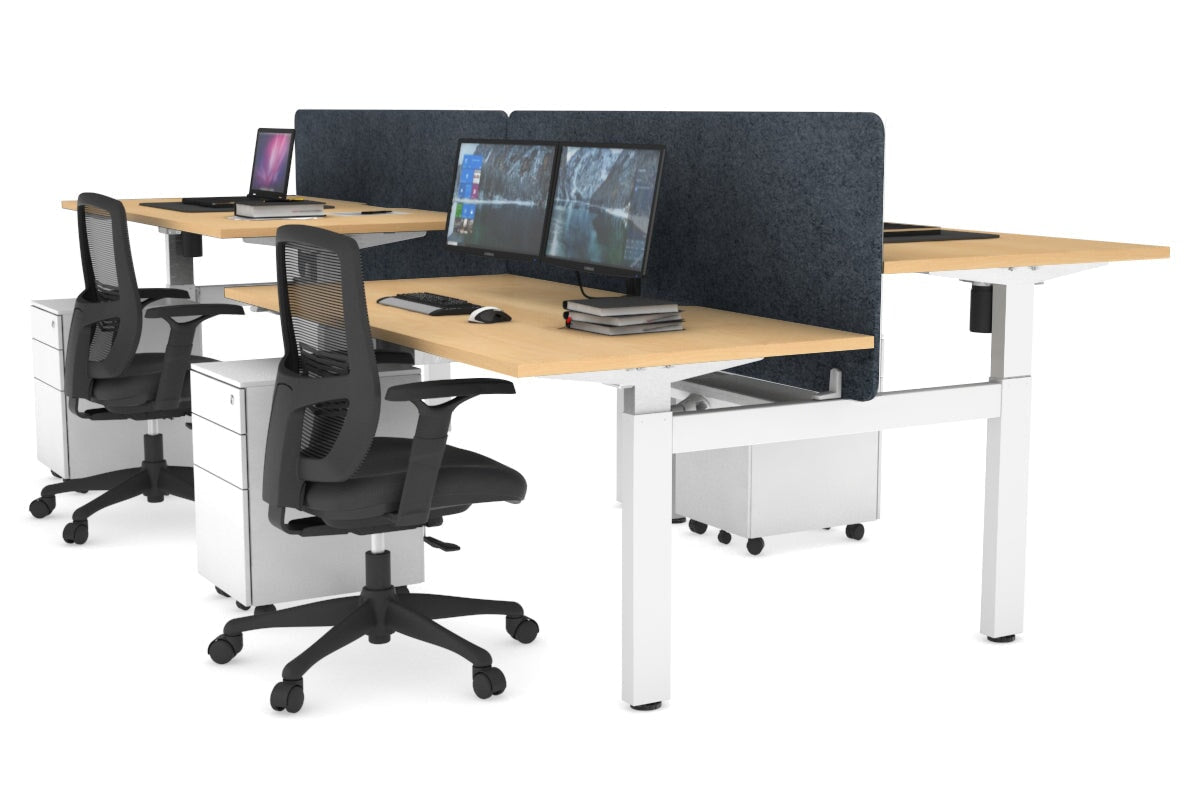 Just Right Height Adjustable 4 Person H-Bench Workstation - White Frame [1400L x 800W] Jasonl maple dark grey echo panel (820H x 1400W) white cable tray