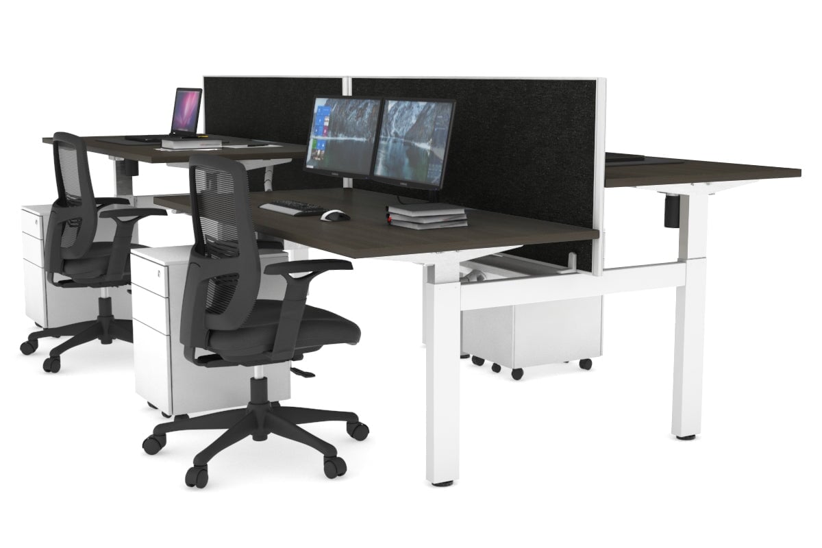 Just Right Height Adjustable 4 Person H-Bench Workstation - White Frame [1400L x 800W]-dark oak moody charcoal (820H x 1400W) white cable tray