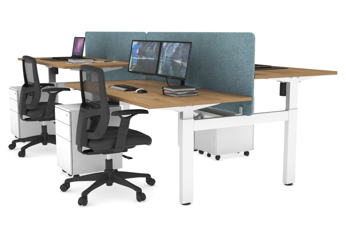 Just Right Height Adjustable 4 Person H-Bench Workstation - White Frame [1400L x 800W] Jasonl salvage oak blue echo panel (820H x 1400W) white cable tray