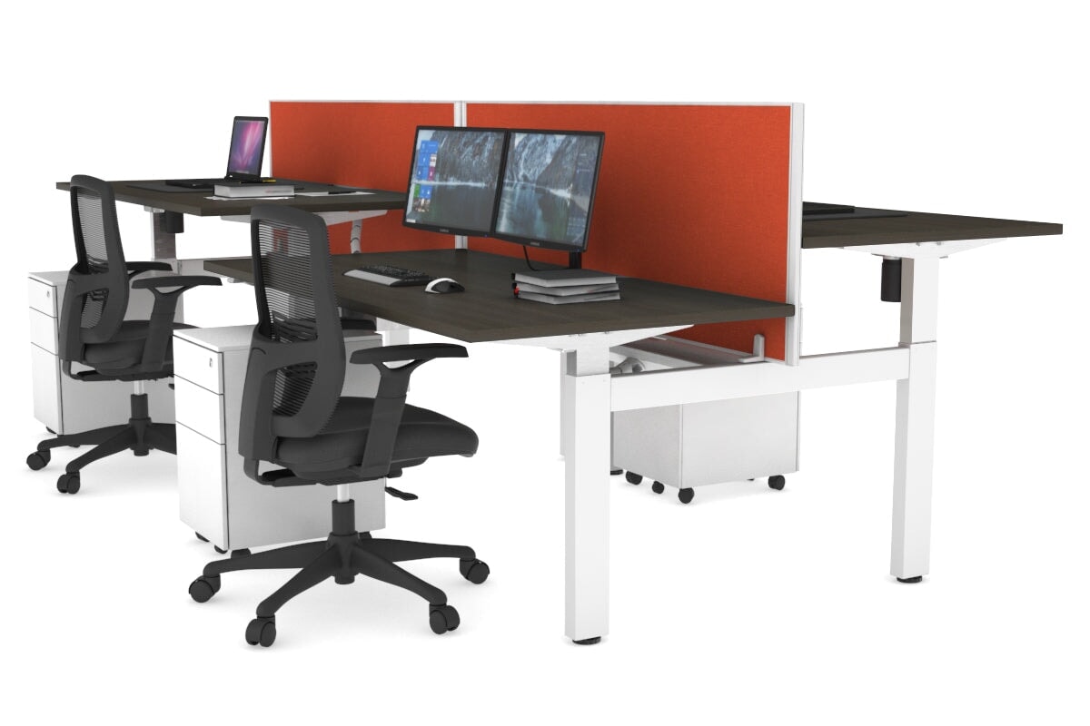 Just Right Height Adjustable 4 Person H-Bench Workstation - White Frame [1400L x 800W] Jasonl dark oak squash orange (820H x 1400W) white cable tray