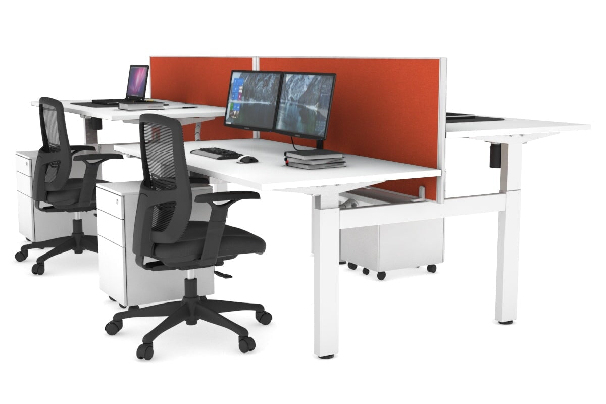 Just Right Height Adjustable 4 Person H-Bench Workstation - White Frame [1400L x 800W] Jasonl white squash orange (820H x 1400W) white cable tray