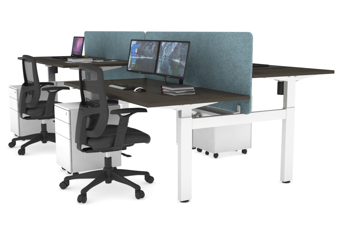 Just Right Height Adjustable 4 Person H-Bench Workstation - White Frame [1400L x 800W] Jasonl dark oak blue echo panel (820H x 1400W) white cable tray