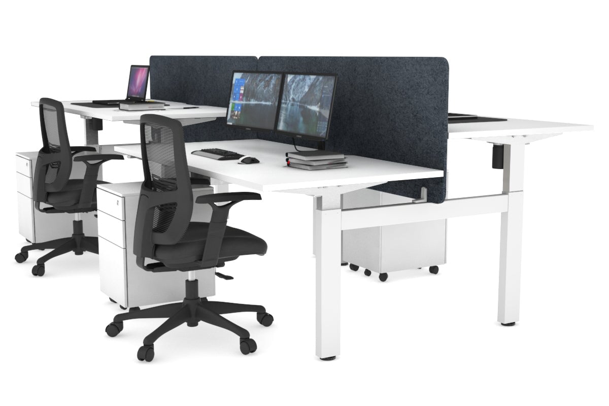 Just Right Height Adjustable 4 Person H-Bench Workstation - White Frame [1400L x 800W] Jasonl white dark grey echo panel (820H x 1400W) none