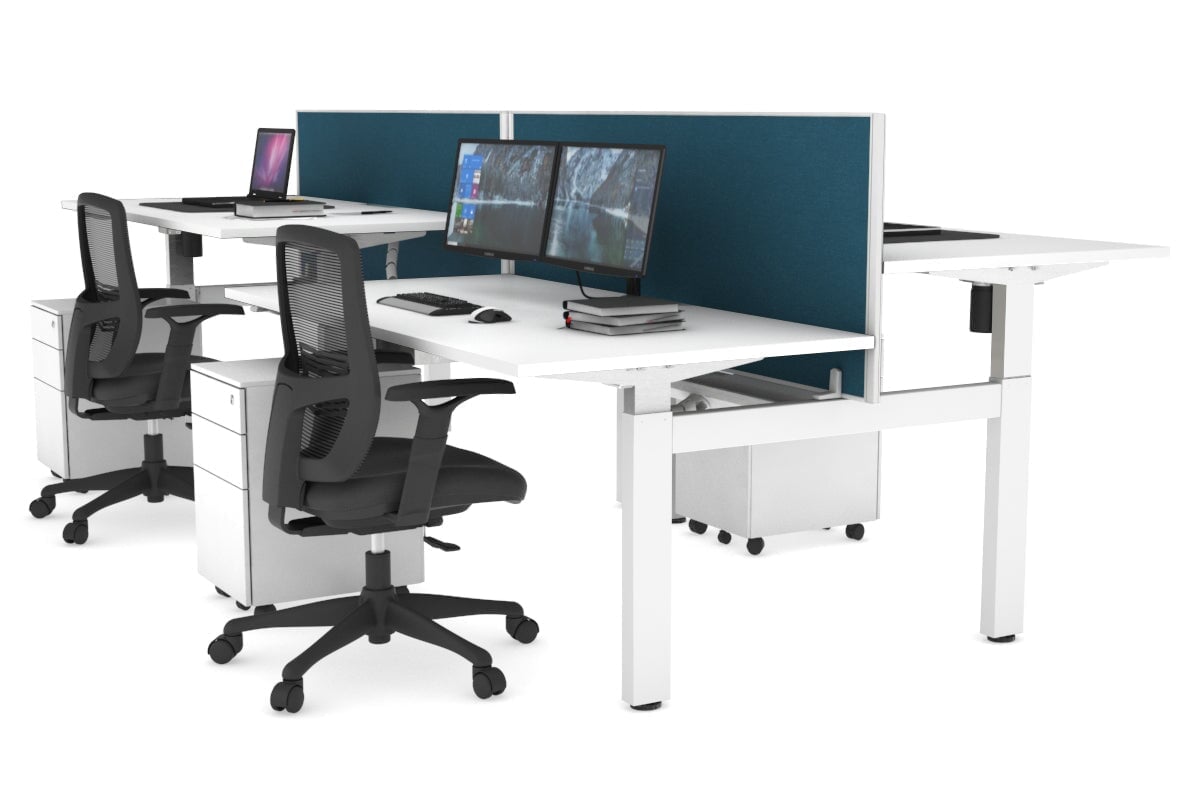 Just Right Height Adjustable 4 Person H-Bench Workstation - White Frame [1400L x 800W] Jasonl white deep blue (820H x 1400W) white cable tray