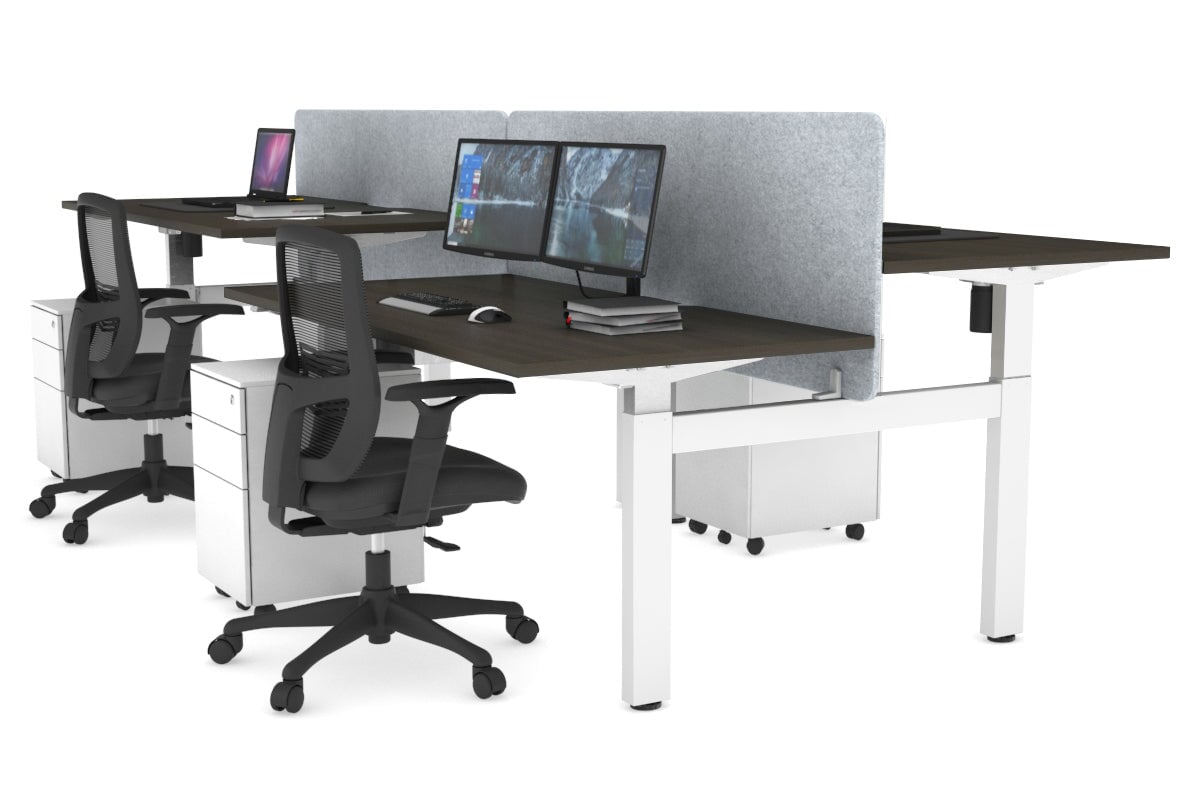 Just Right Height Adjustable 4 Person H-Bench Workstation - White Frame [1400L x 800W] Jasonl dark oak light grey echo panel (820H x 1400W) none