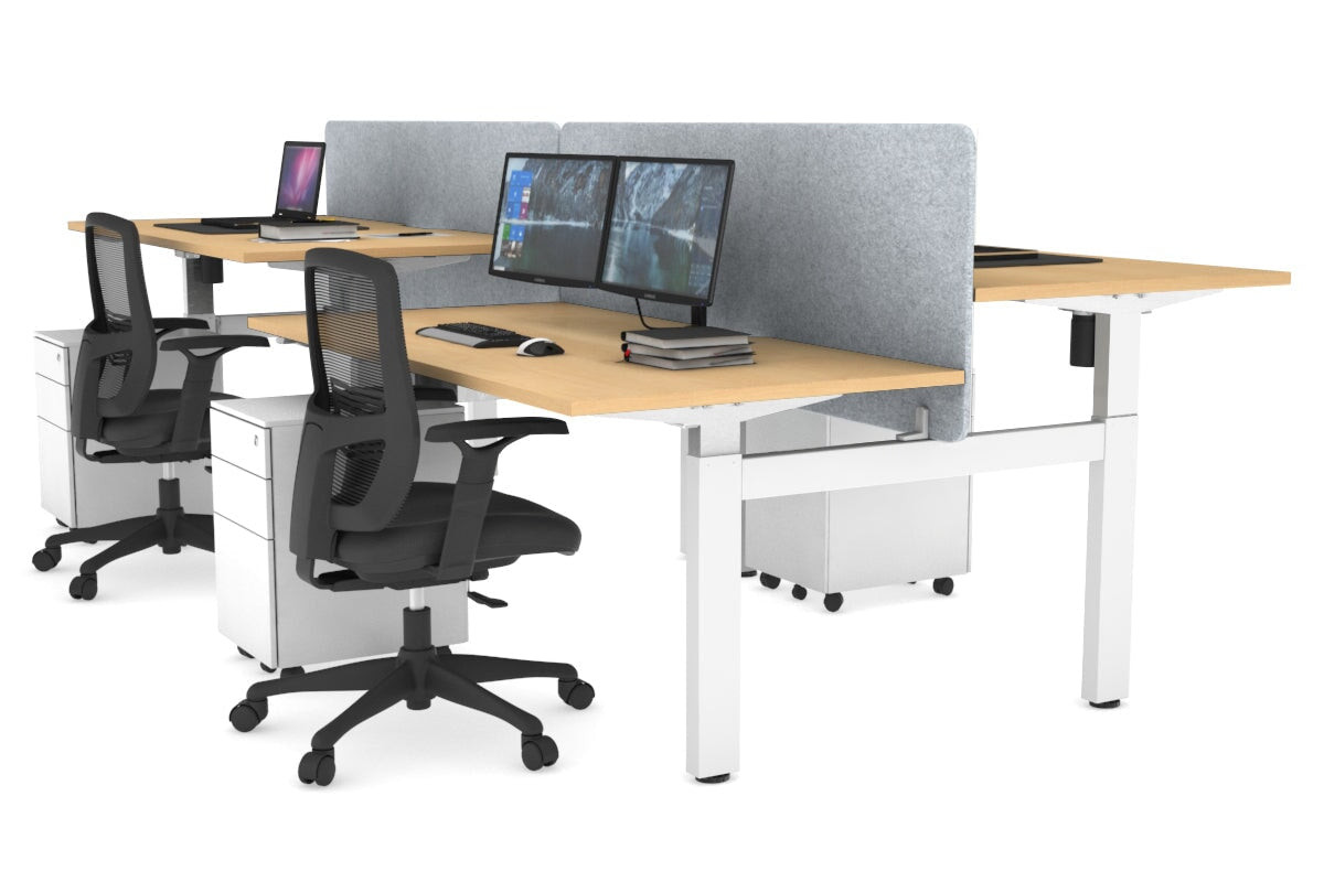 Just Right Height Adjustable 4 Person H-Bench Workstation - White Frame [1400L x 800W] Jasonl maple light grey echo panel (820H x 1400W) none