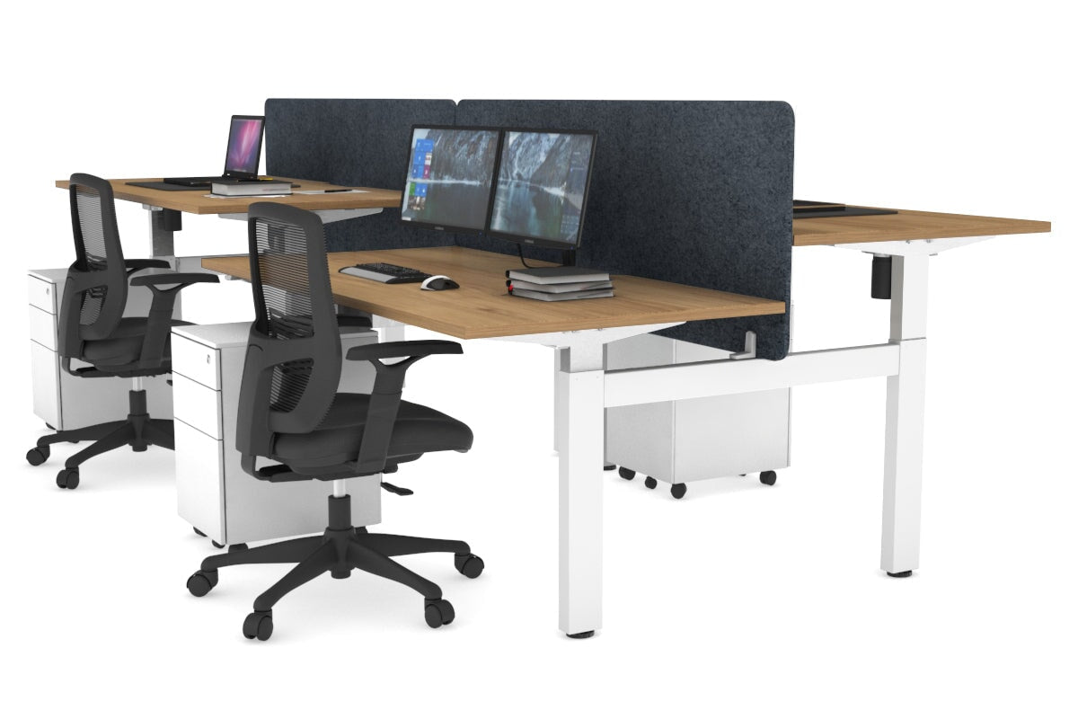 Just Right Height Adjustable 4 Person H-Bench Workstation - White Frame [1400L x 800W] Jasonl salvage oak dark grey echo panel (820H x 1400W) none