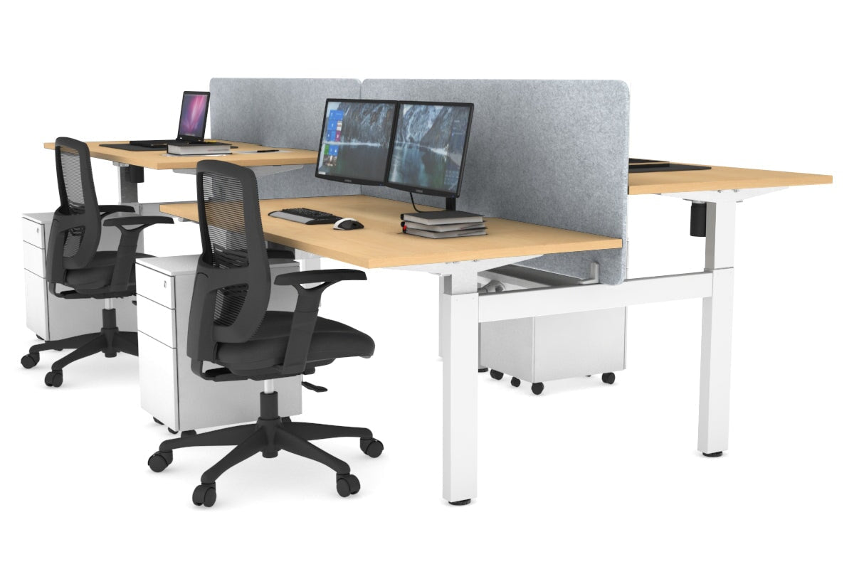 Just Right Height Adjustable 4 Person H-Bench Workstation - White Frame [1400L x 800W] Jasonl maple light grey echo panel (820H x 1400W) white cable tray