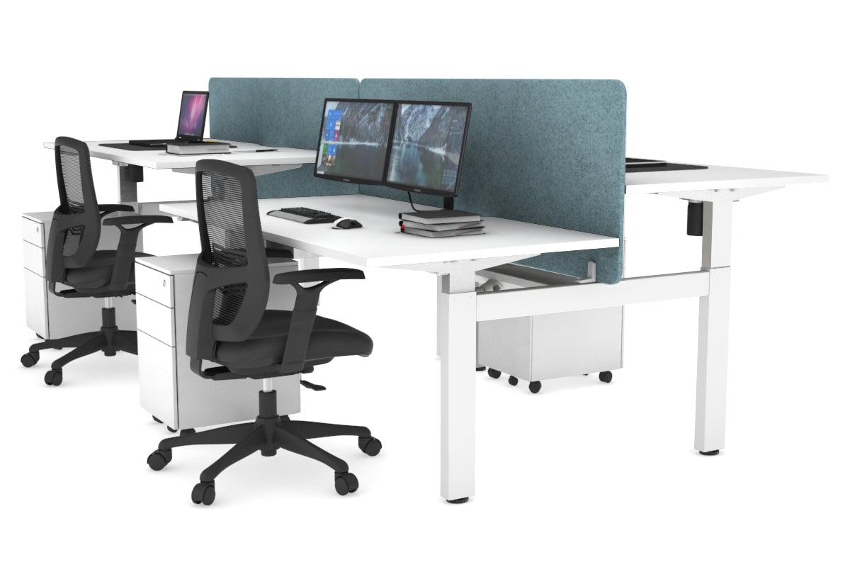 Just Right Height Adjustable 4 Person H-Bench Workstation - White Frame [1400L x 800W] Jasonl white blue echo panel (820H x 1400W) white cable tray