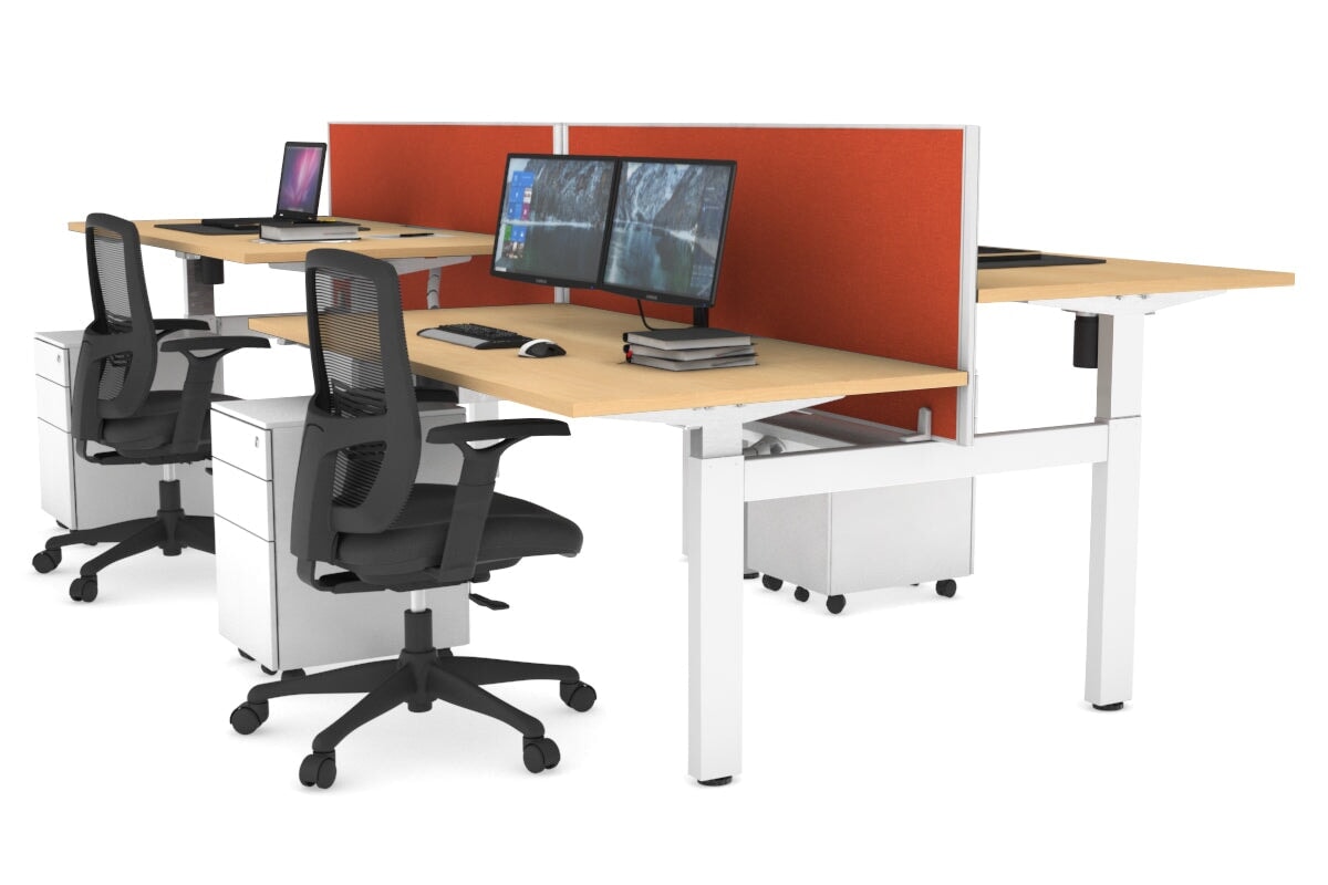 Just Right Height Adjustable 4 Person H-Bench Workstation - White Frame [1400L x 800W] Jasonl maple squash orange (820H x 1400W) white cable tray