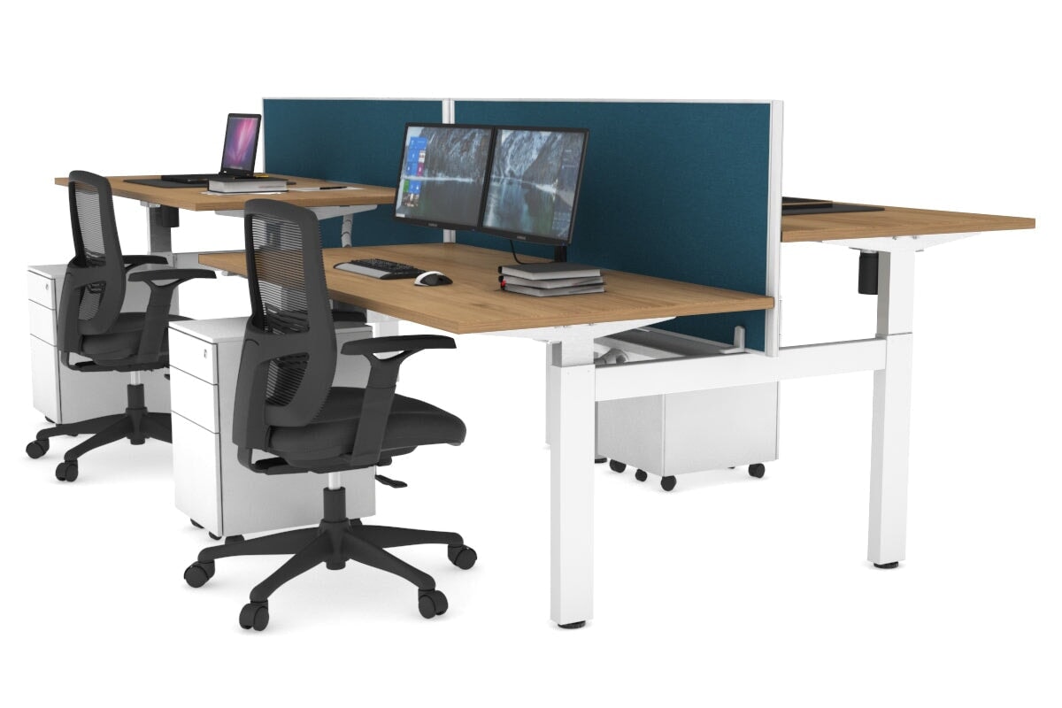 Just Right Height Adjustable 4 Person H-Bench Workstation - White Frame [1400L x 800W] Jasonl salvage oak deep blue (820H x 1400W) white cable tray
