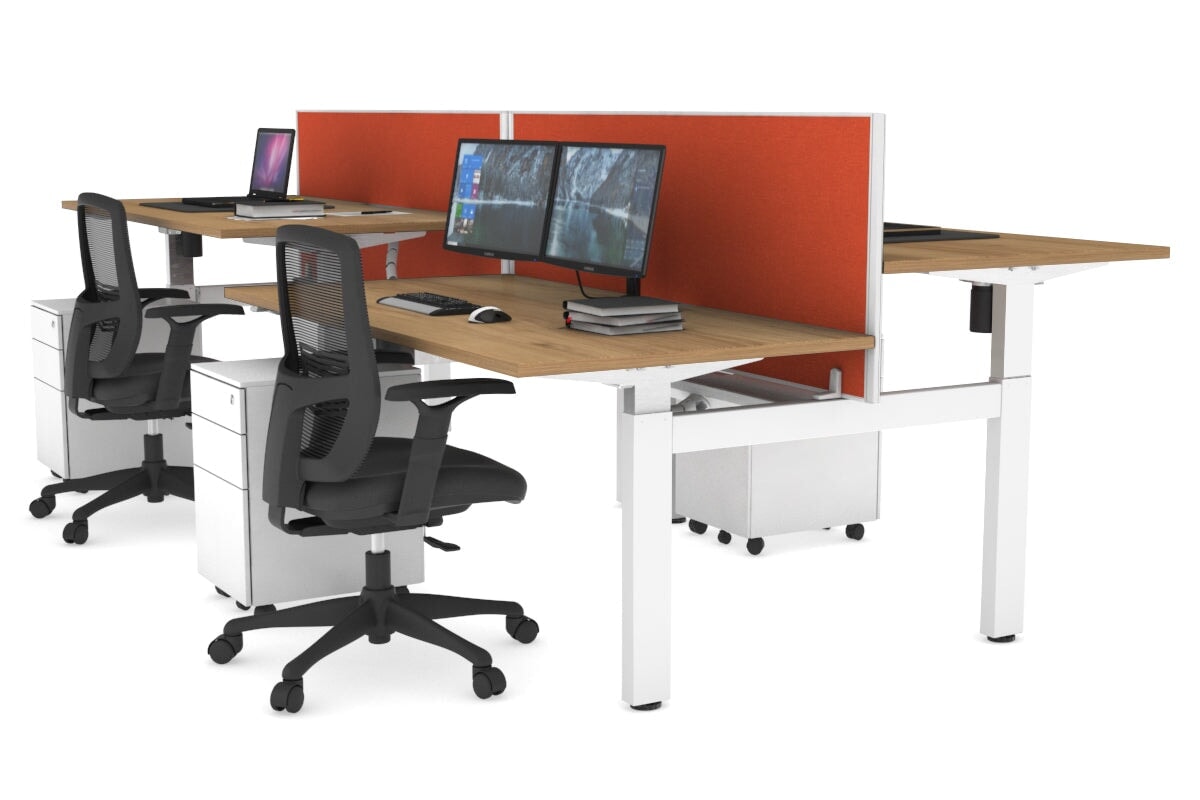 Just Right Height Adjustable 4 Person H-Bench Workstation - White Frame [1400L x 800W] Jasonl salvage oak squash orange (820H x 1400W) white cable tray