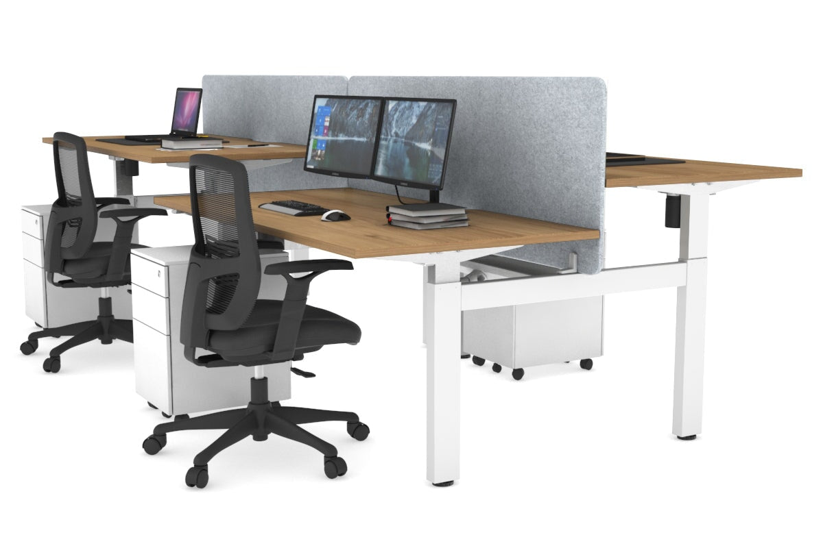 Just Right Height Adjustable 4 Person H-Bench Workstation - White Frame [1400L x 800W] Jasonl salvage oak light grey echo panel (820H x 1400W) white cable tray