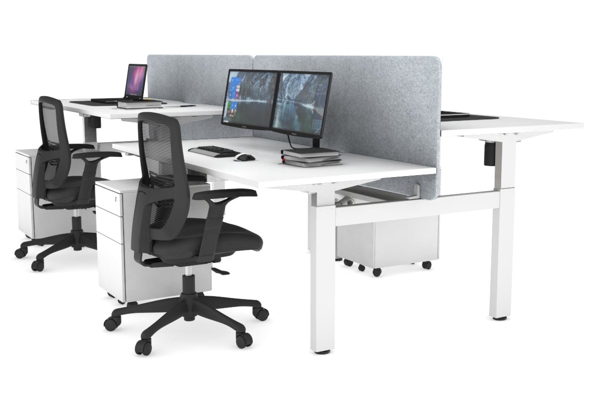 Just Right Height Adjustable 4 Person H-Bench Workstation - White Frame [1400L x 800W] Jasonl white light grey echo panel (820H x 1400W) white cable tray