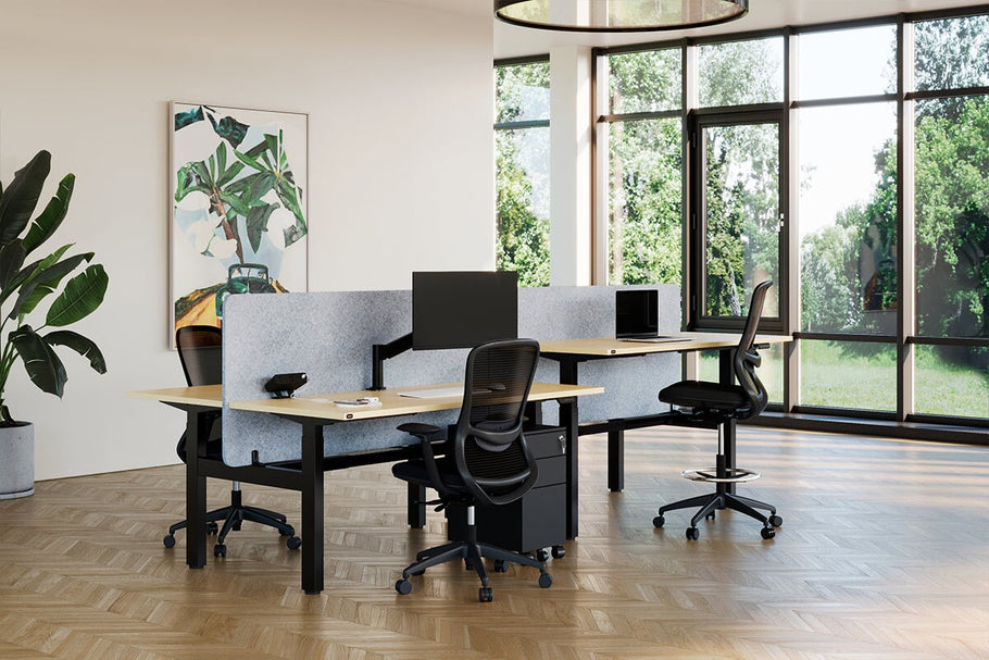 Environmental image of Just Right Height Adjustable 4 Person H-Bench Workstation - White Frame [1600L x 700W]