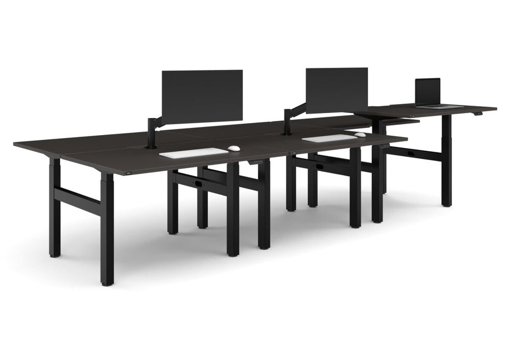 Just Right Height Adjustable 6 Person H-Bench Workstation - Black Frame [1400L x 700W]-dark oak none none