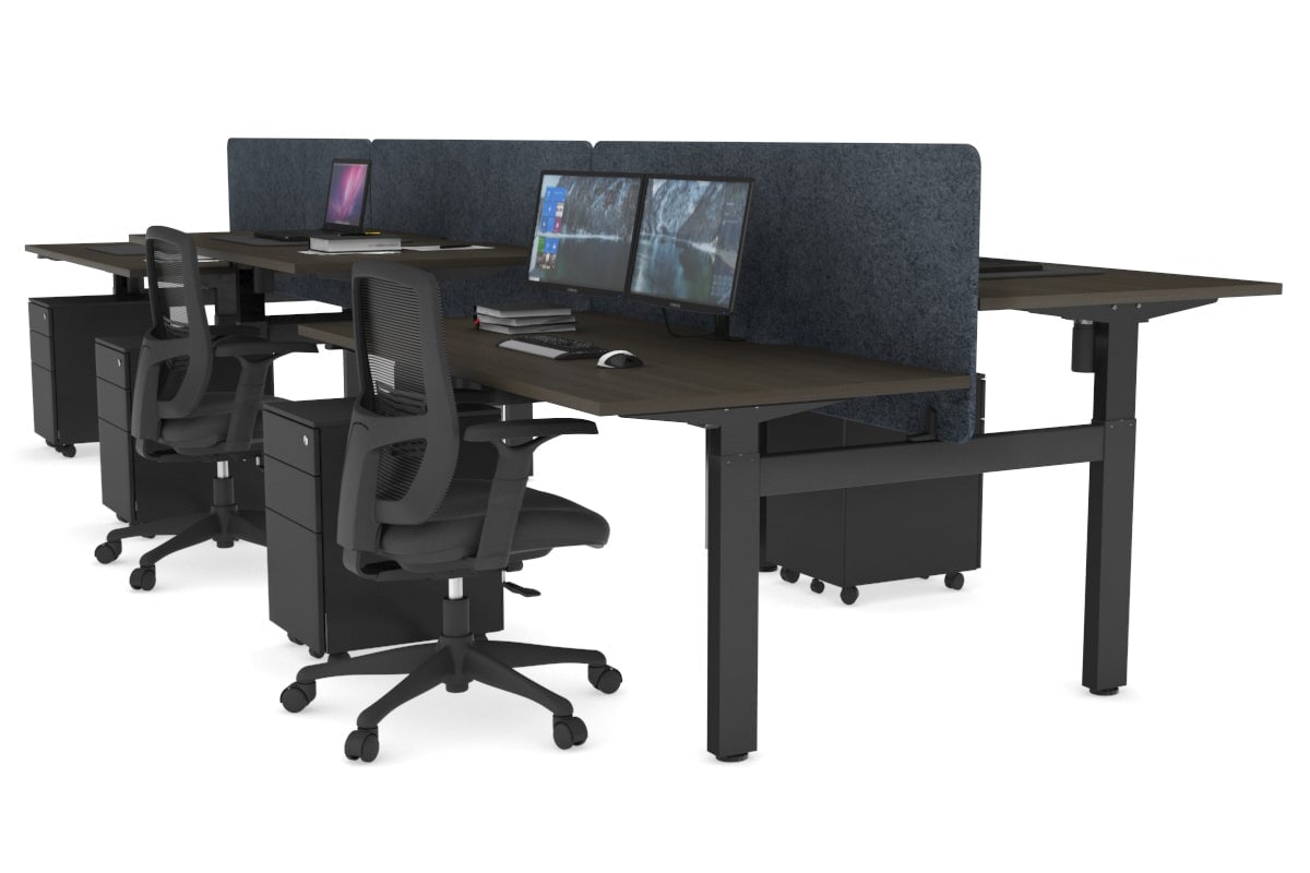 Just Right Height Adjustable 6 Person H-Bench Workstation - Black Frame [1400L x 700W]-dark oak moody charcoal (820H x 1400W) black cable tray